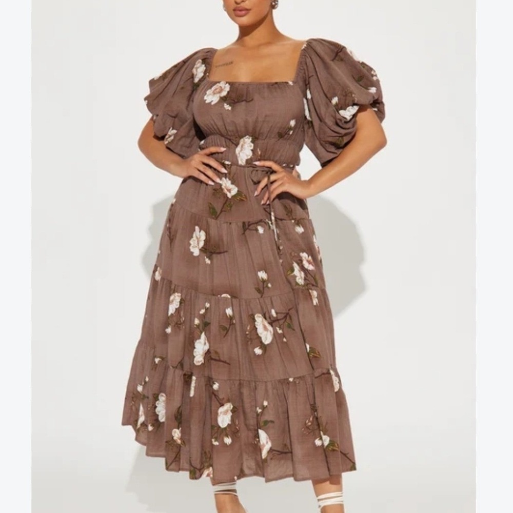Fashion Nova Magnolia Tiered Midi Dress Womens XS Brown Floral Puff Sleeve
